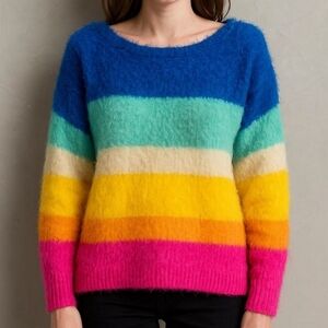 Farm Rio Fuzzy Rainbow Stripe Sweater, VGUC, Size S